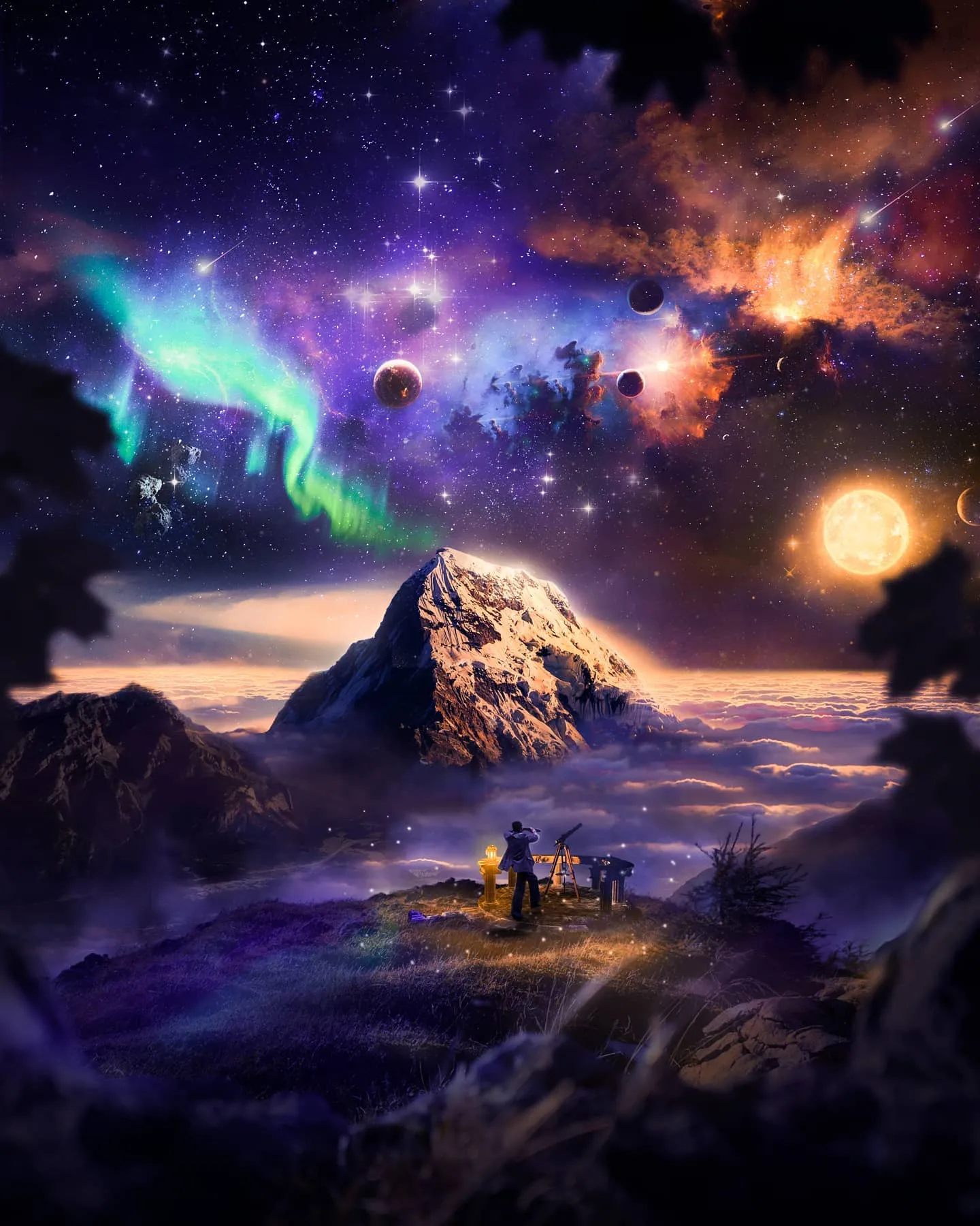 A stargazer with a telescope on a hilltop above the clouds, a snowy peak and aurora behind