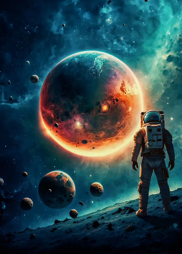 An astronaut on a rocky ridge facing a glowing red planet in teal space