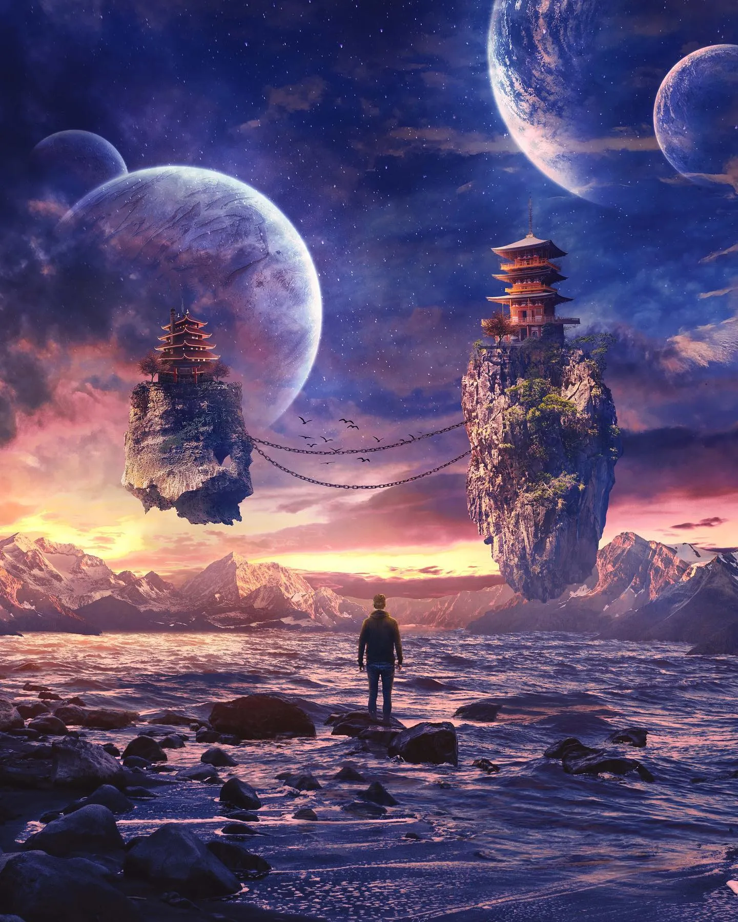 Two pagodas on floating rocks chained together above a rough sea, planets in a violet sky