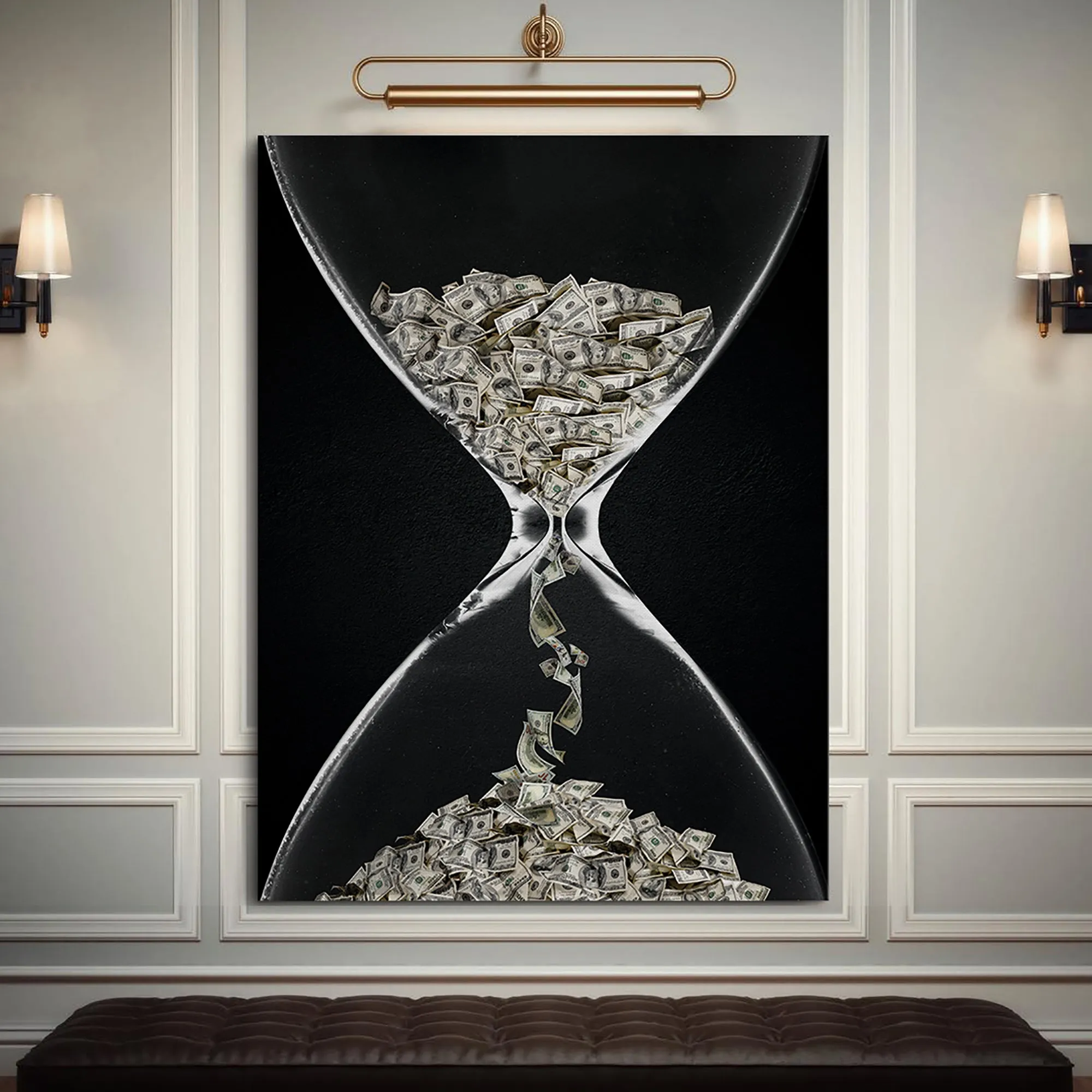 The Money Time canvas hanging on a panelled wall under a brass picture light