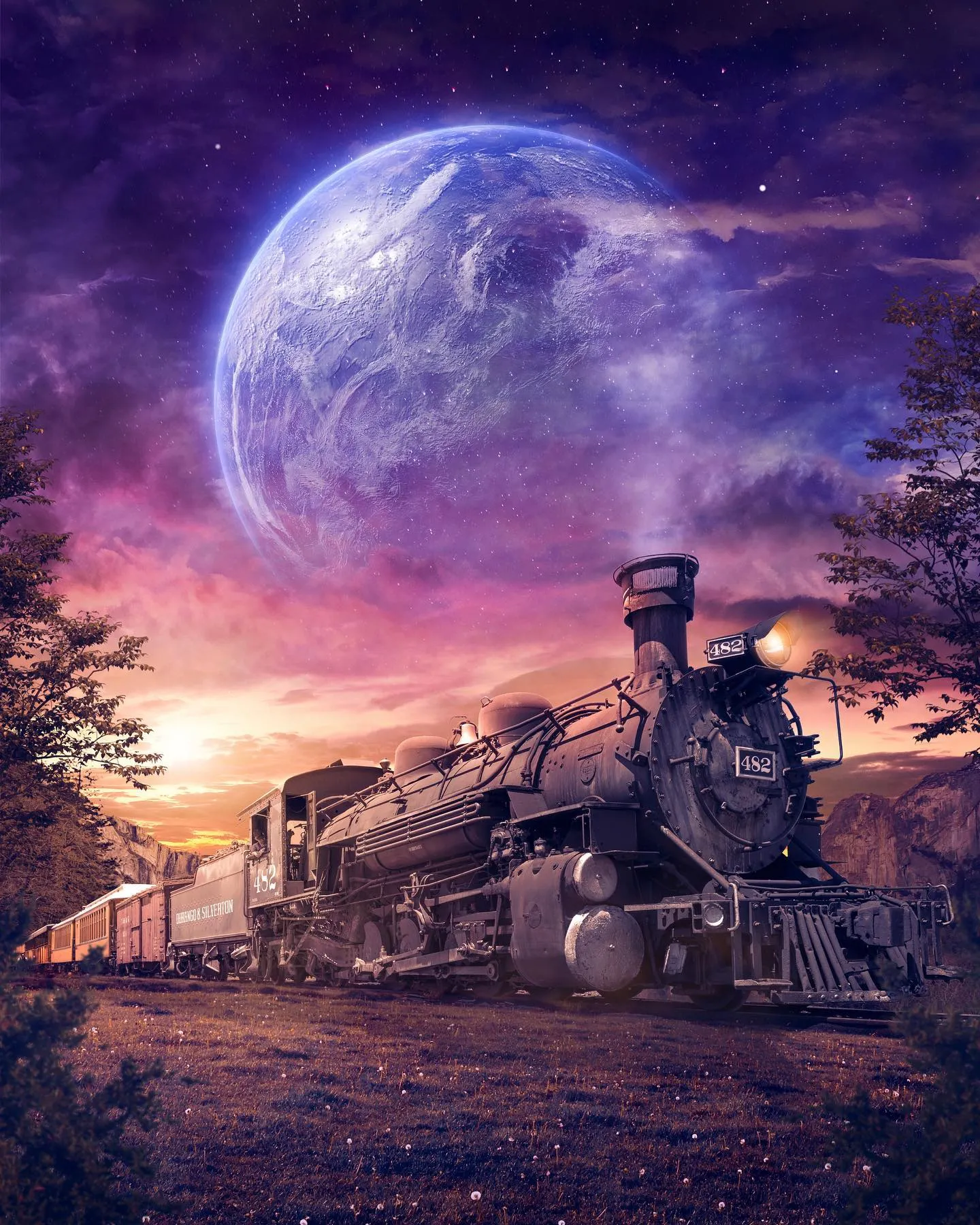 A steam locomotive crossing a meadow at dusk under a huge purple planet