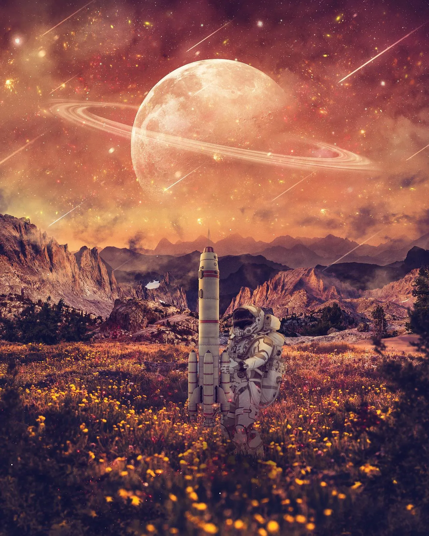 An astronaut beside a small rocket in a field of yellow flowers under a ringed planet