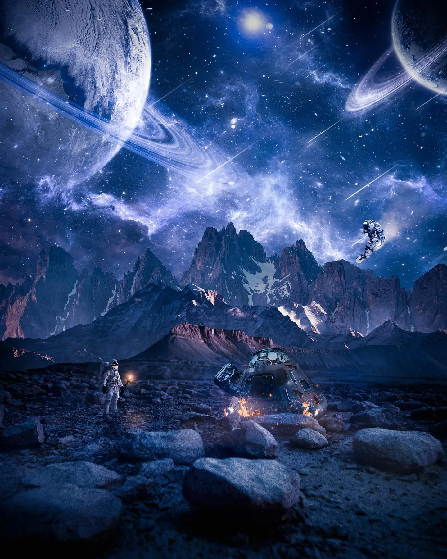 A crashed space capsule burning among rocks, one astronaut holding a torch and another floating above the peaks