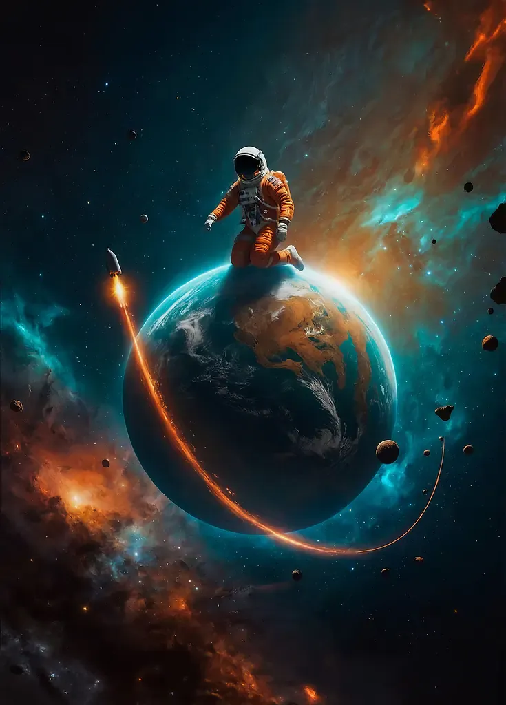 An astronaut kneeling on top of the Earth as a rocket arcs around it