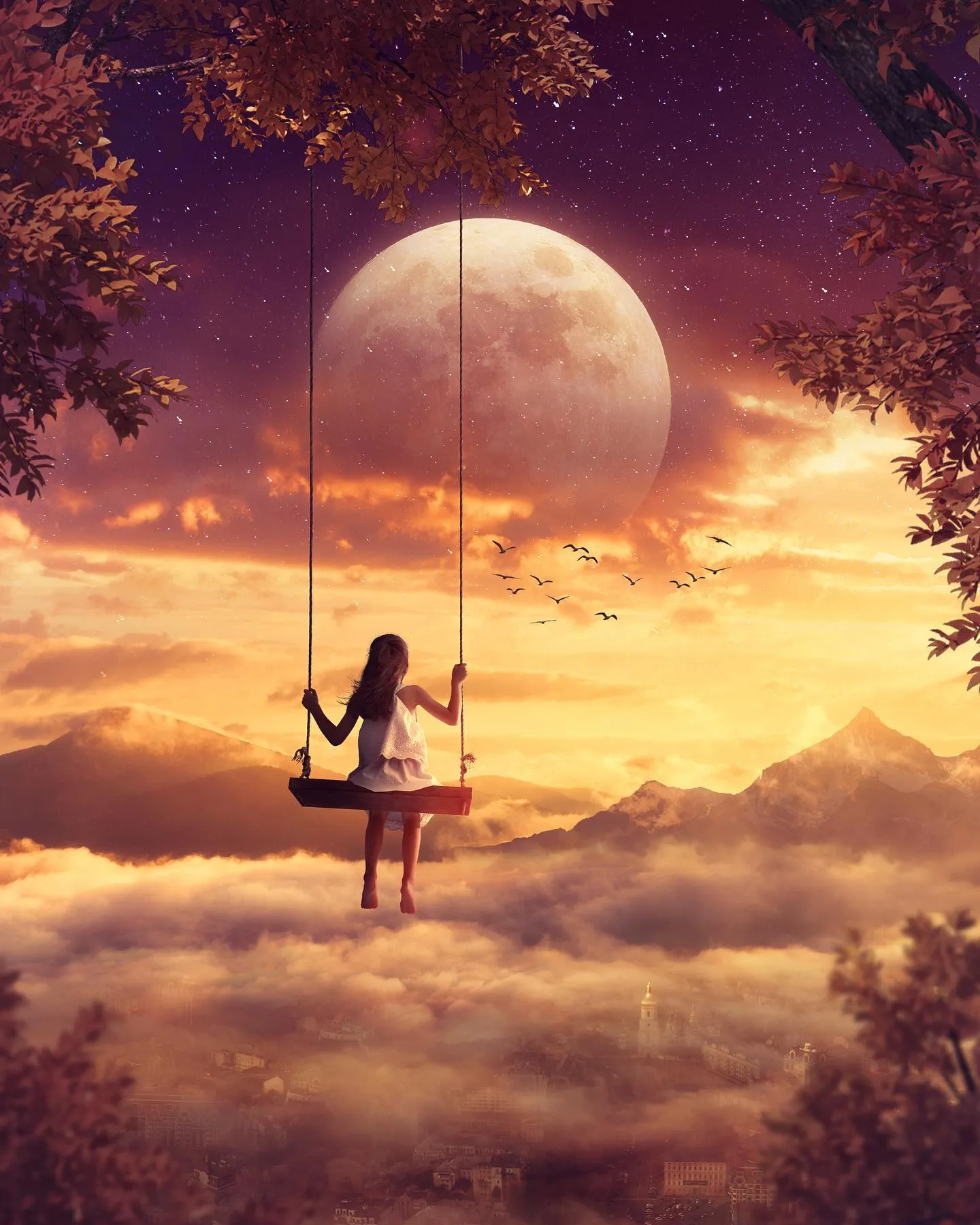 A girl on a rope swing above the clouds at sunset, a giant moon behind her