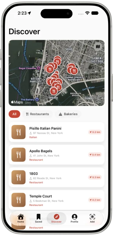 Discover nearby restaurants on the map