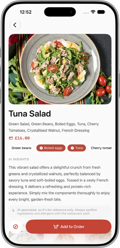 Dish detail with ingredients and AI insights