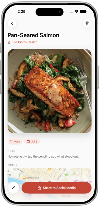 Saved dish memory with photo and note