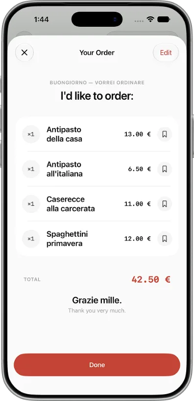 Order summary in local language