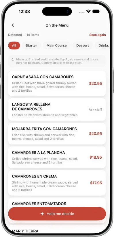 Scanned menu with translated items