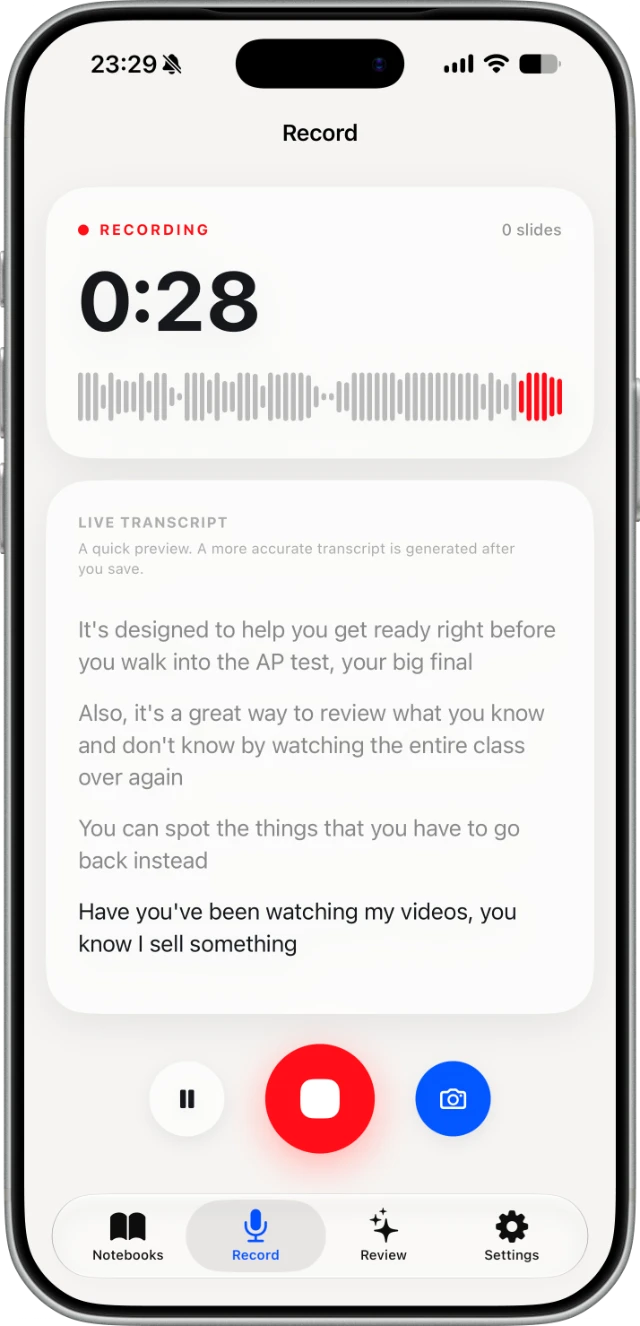 Recording screen with live transcript